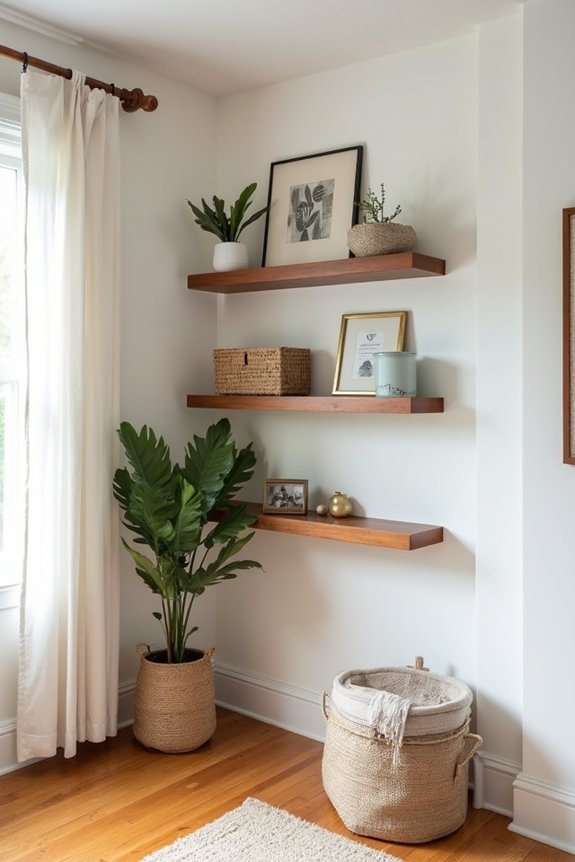 floating shelves in corner display storage