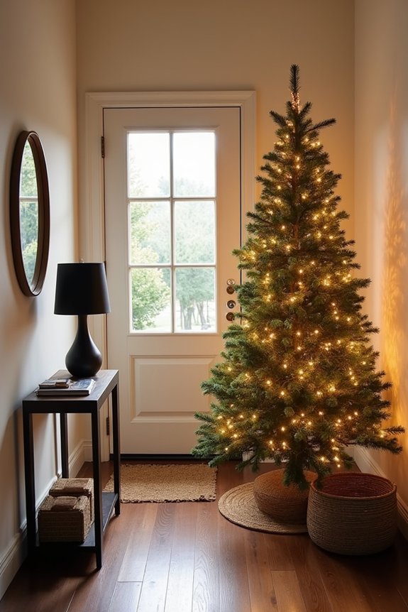 slim tree by doorway console